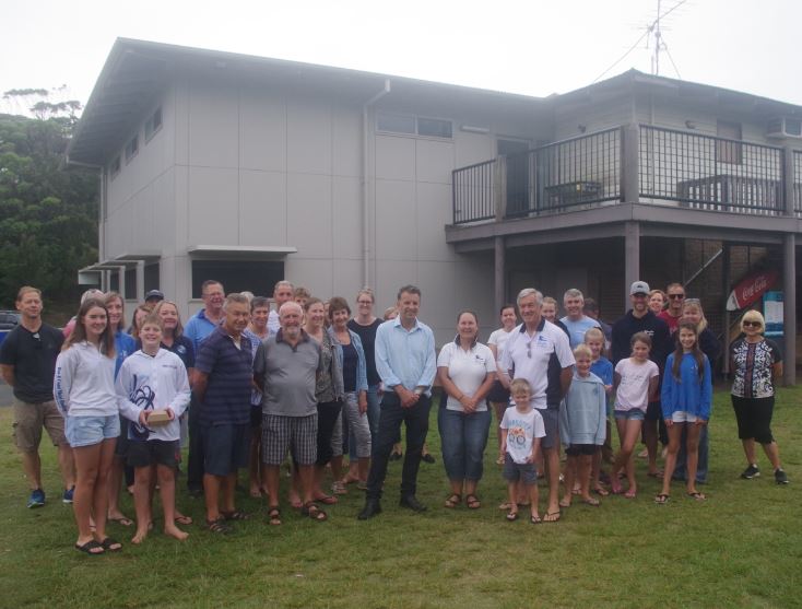 Member of Bega, Andrew Constance, with members of Broulee Surf Club. Photo: Supplied.