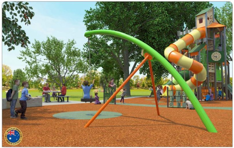 New equipment for Centennial Park includes a skytower, mammoth swing, and wheelchair accessible spinner. Photo: Supplied.