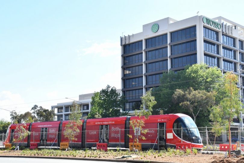 Light rail vehicle on tracks