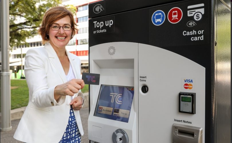 Meegan Fitzharris at the now-operational ticket vending machines. Photo: Transport Canberra.