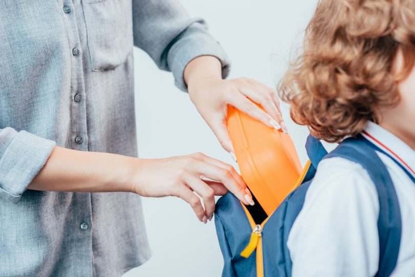 cropped shot of mother packing school lunch for son