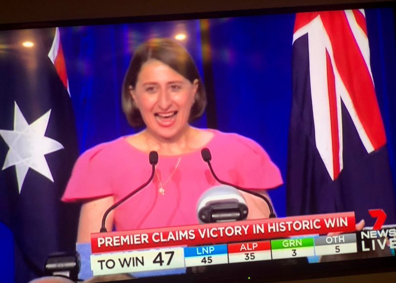 Gladys Berejiklian claiming victory as the first elected female Premier of NSW. Photo: Ian Campbell.