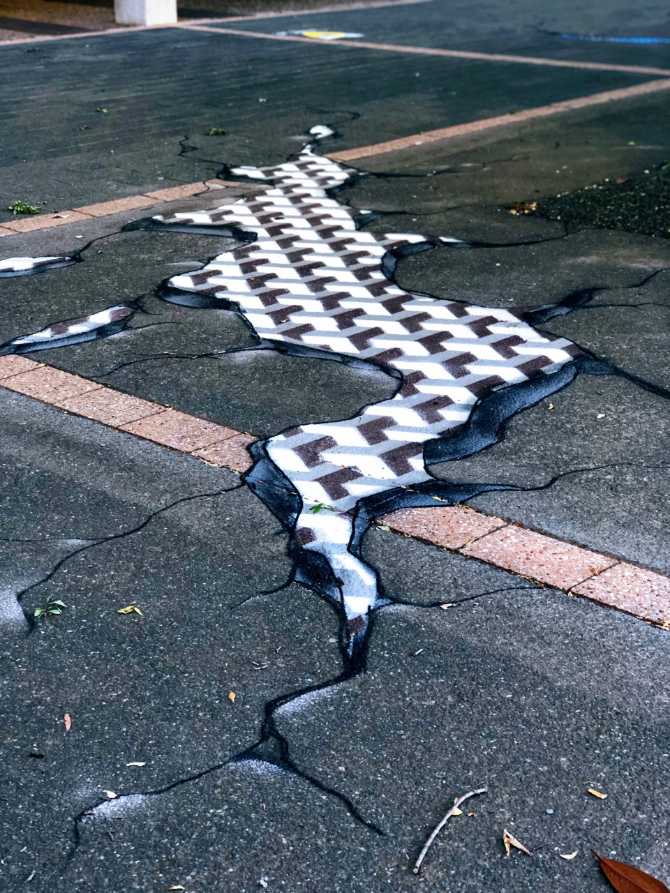 Black and white chalk art resembling tiles showing through a crack in the ground.