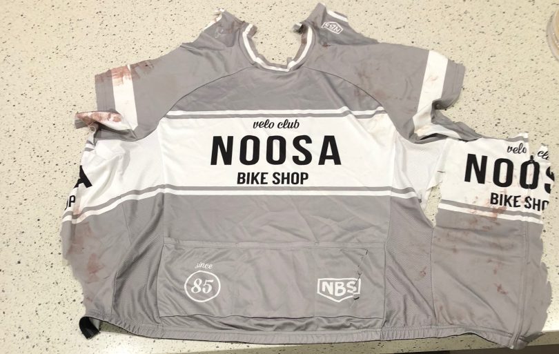 Cycle jersey in ruins after Mark's collision with a kangaroo on 27 February 2018.