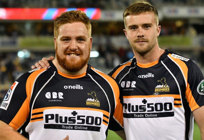 Tom Ross and Mack Hansen, two of the seven Brumbies who played against the Waratahs last weekend. Photo: Jaye Grieshaber.