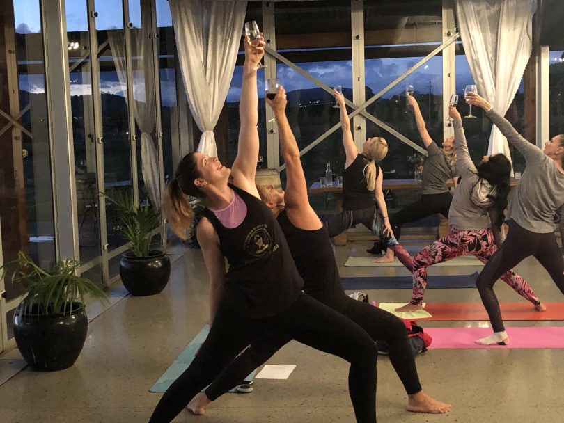 Kate Haskard, the new owner of Balanced Yoga Kingston, and Sue McShane at the inaugural Vino and Vinyasa event, Pialligo Estate. Photos: Supplied by Balanced Yoga Kingston.