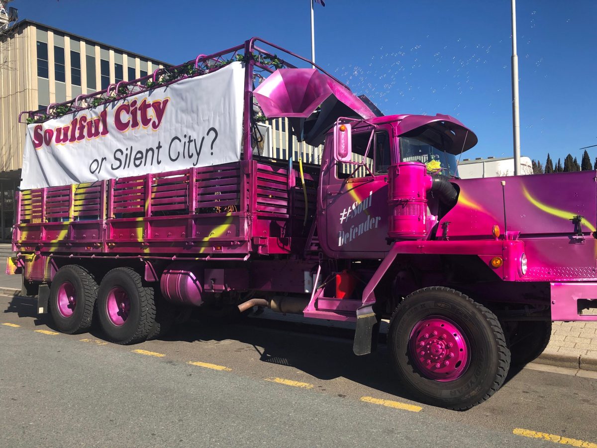 pink protest truck