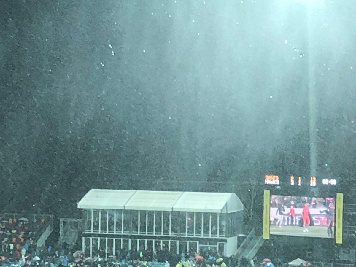 Snow falls during the GWS/Hawks game at Manuka Oval