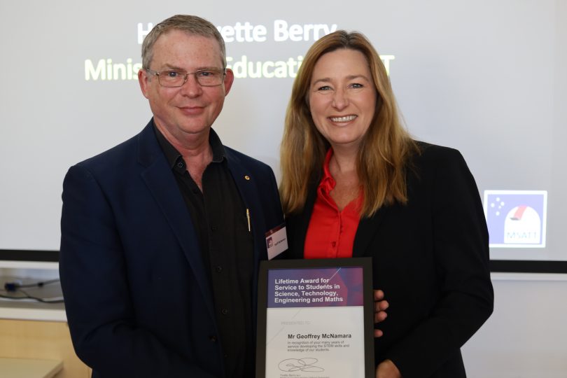 MSATT manager Geoff McNamara with Minister for Education Yvette Berry at the MSATT 2 launch. Photo: Brenton Sloane.