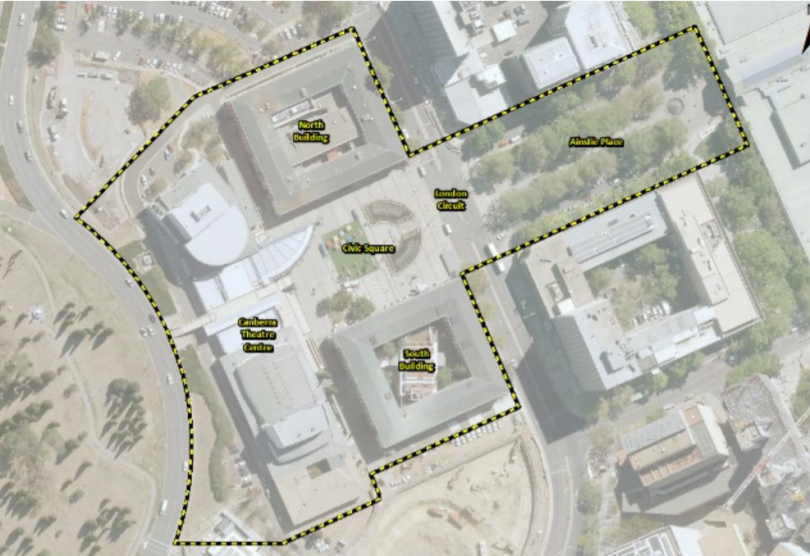 The Civic Square Precinct site boundary aerial shot.