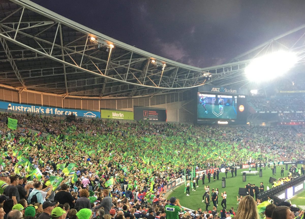 Raiders supporters on mass at ANZ Stadium. Photo: Tim Gavel.