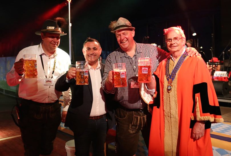 Harmonie Club general manager Paul Berger with Member for Monaro John Barilaro, Harmonie German Club president Kevin Bramboke and Queanbeyan-Palerang Mayor Tim Overall 