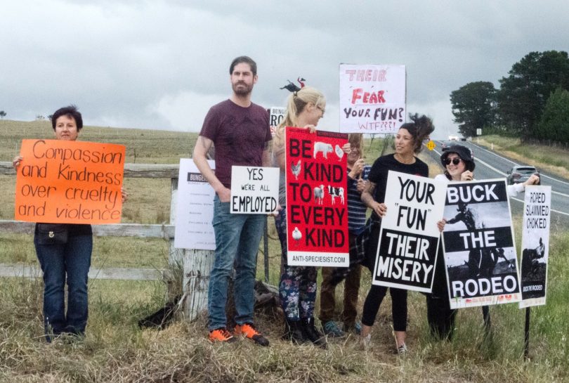 Animal rights activists outside the Bungendore rodeo last Sunday