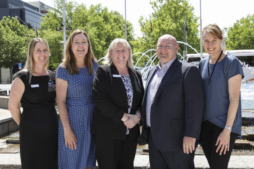 Left to right: Lisa Higginson, Yvette Berry, Anne Kirwan, Patrick McKenna and Louise Gilding posing outdoors.