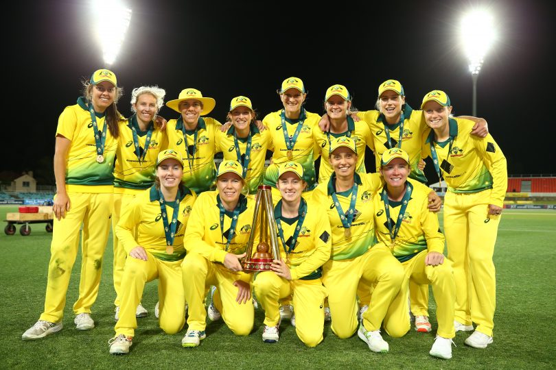 Australian Women's Cricket team during the Third Women's Twenty20 match between Australia and England at Manuka Oval on November 21, 2017 in Canberra, Australia.