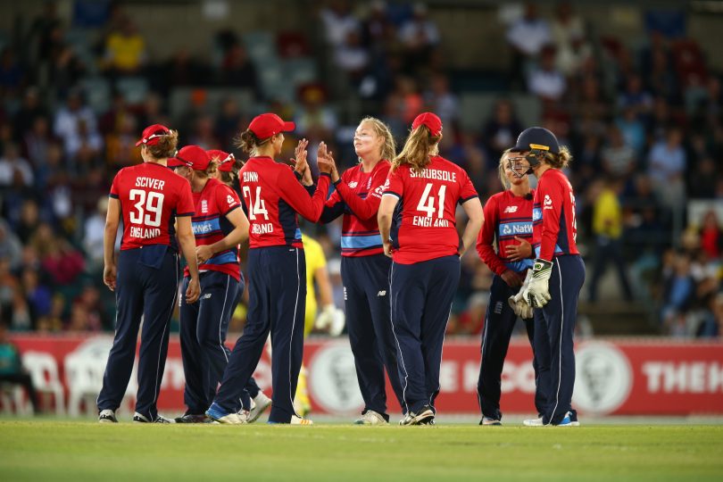 England Women's Cricket team during the Third Women's Twenty20 match between Australia and England at Manuka Oval on November 21, 2017 in Canberra, Australia. (Photo credit: Getty Images)