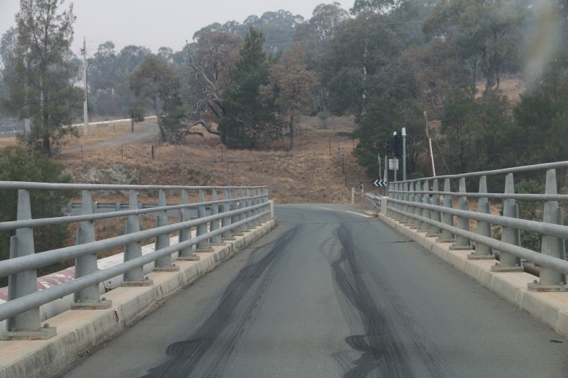 Skid marks on a bridge