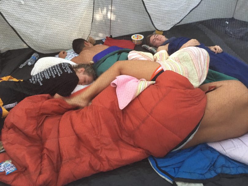 Students sleeping in tents.