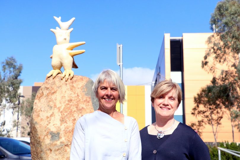 Artist Bev Hogg and Helen Falla, CEO of Canberra Hospital Foundation, with the Wayfinder sculpture