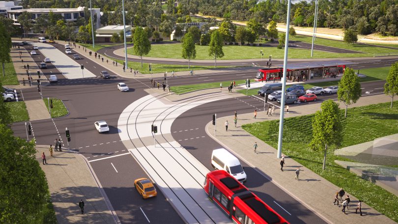 Artist's impression of intersection of London Circuit and Commonwealth Avenue on light rail Stage 2A