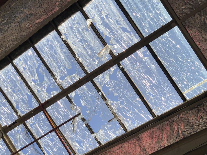 Shattered glass roof at the old bus depot