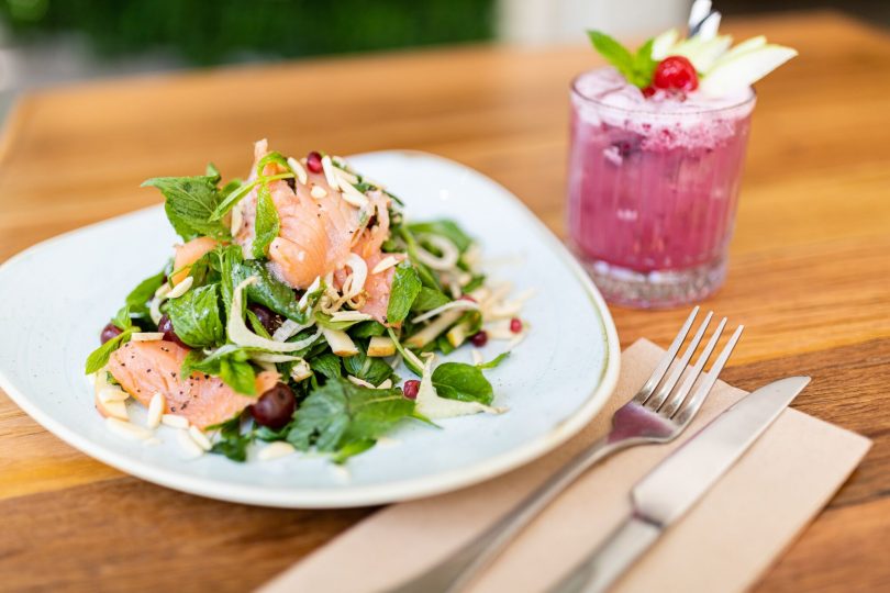 Salmon salad and cocktail from Fenway Public House