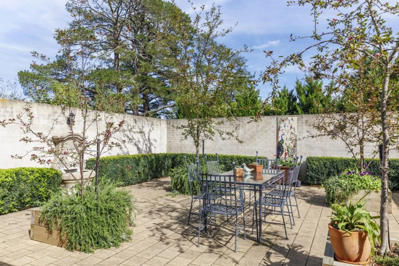 A delightful courtyard with crabapples, planted for Spring and Autumn colour.