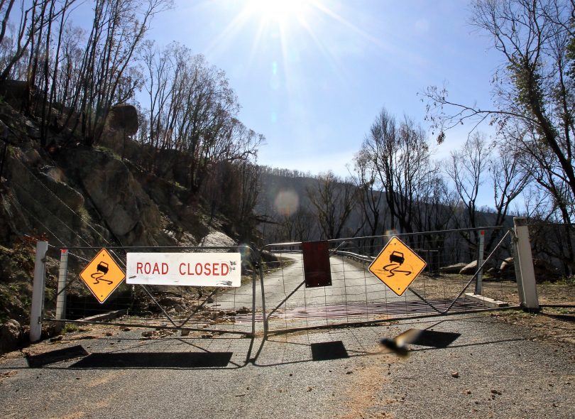 Closed gates on road at the boundary of Namadgi National Park.