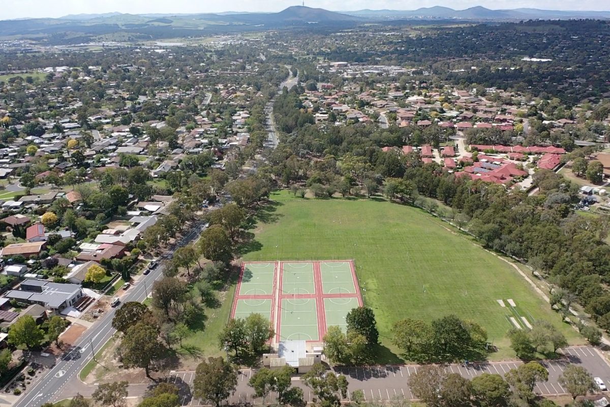 Aerial view of oval and houses