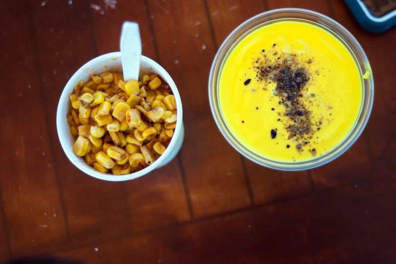 Masala corn and mango lassi