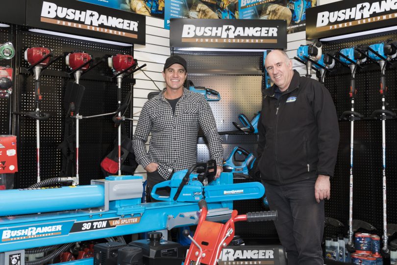 Shannon Noll (left) and Paul Nicholl (right) standing in Bayldon Ag store in Queanbeyan.