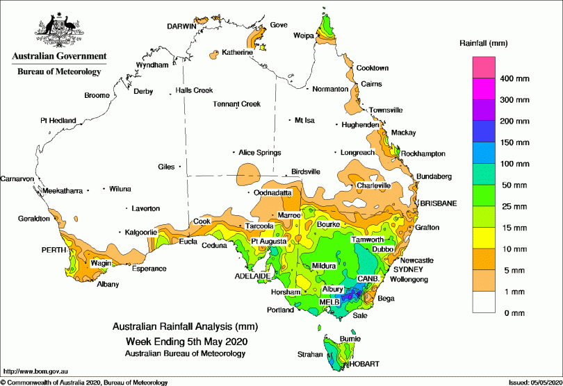 Rainfall total for the seven days ending on the week of 5 May.