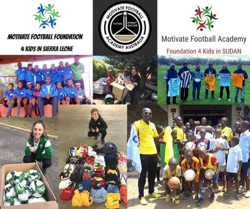 Collage of Motivate Football Academy Australia volunteers with donations and recipients in Africa.