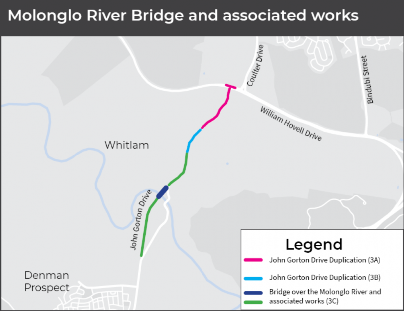 Map showing location of proposed Molonglo River Bridge