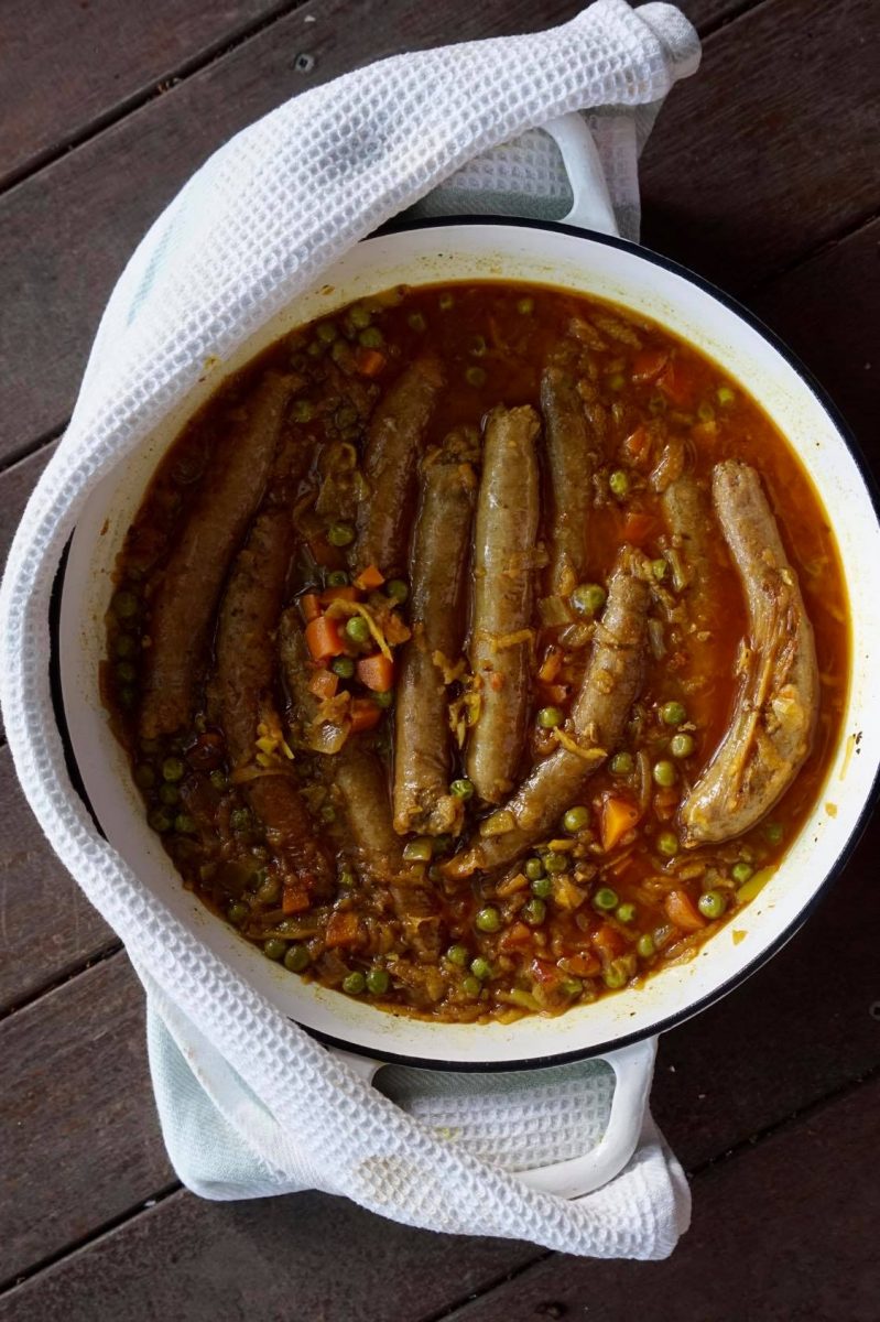 Curried sausages