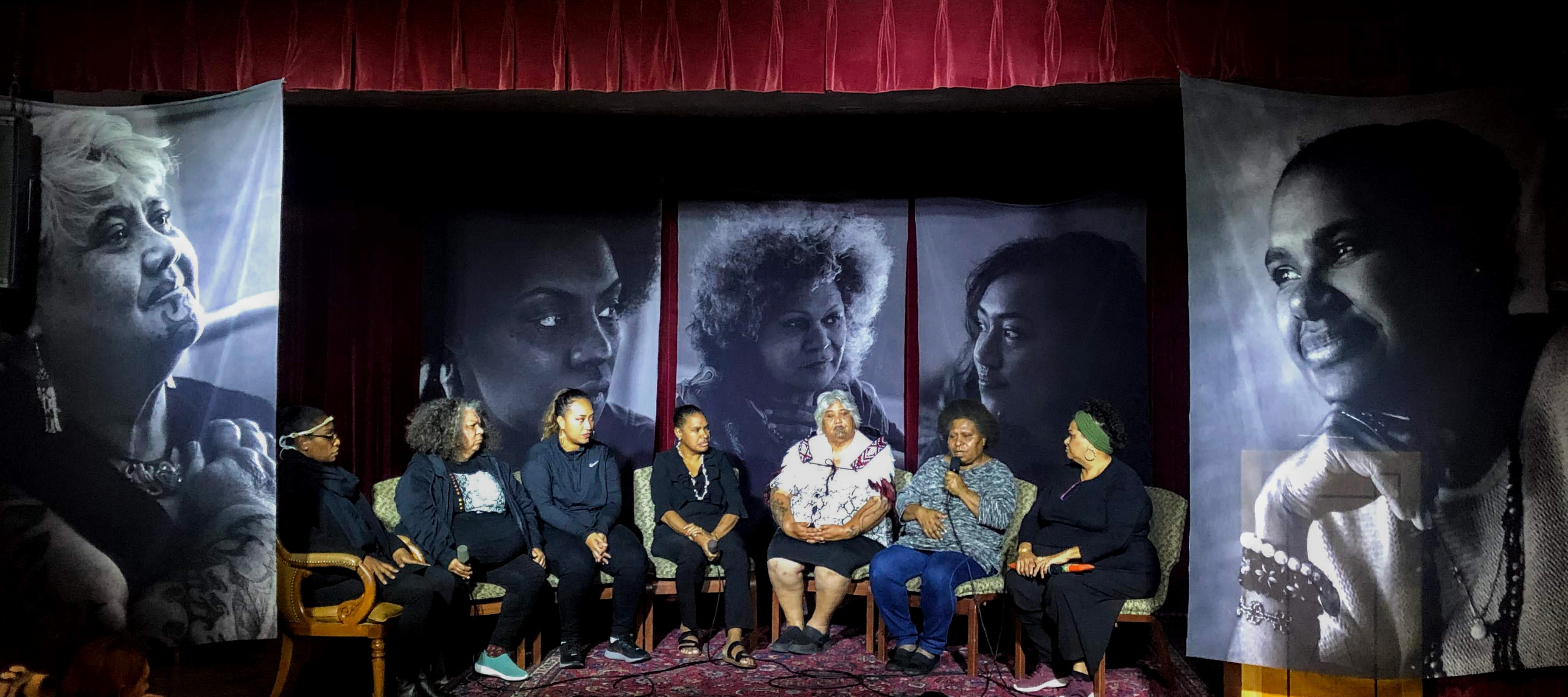 Aboriginal and Torres Strait Island, and Pacific First Nations women, on stage at the New York City Baha'i Centre.