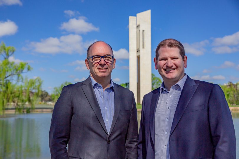 Andrew Sykes (left) and Rhys Kyburz (right) standing in front of National Carrilon.