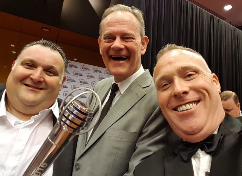 Left to right: Stephen Cenatiempo, Tim Shaw and Dean Mackin at the Australian Commercial Radio Awards.