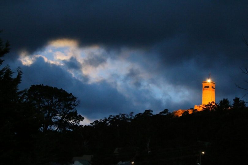 The Rocky Hill War Memorial at night.