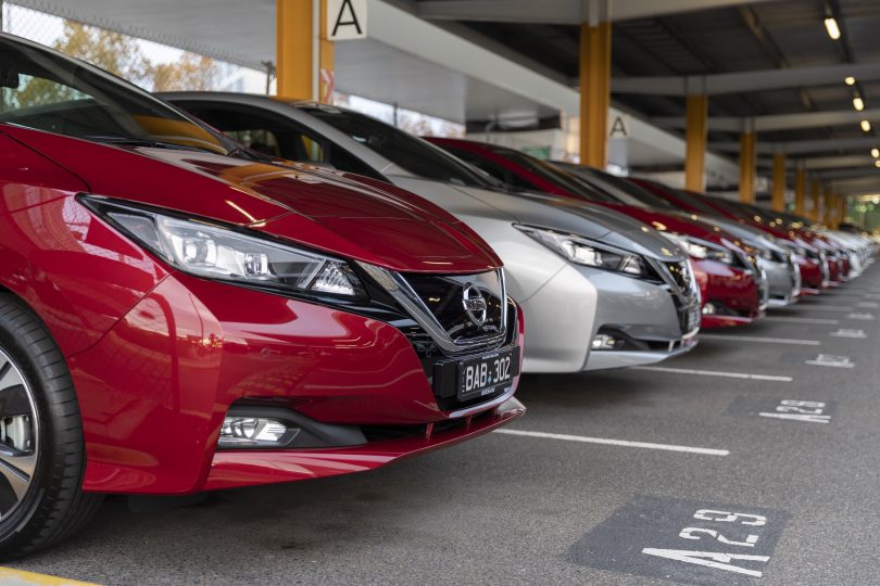 Line-up of Nissan Leaf vehicles.