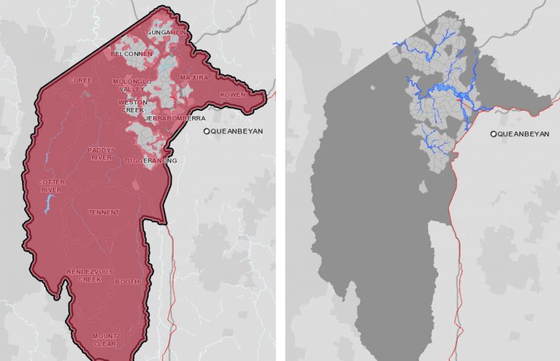 ACTmapi images showing bushfire-prone areas (left) and flood-prone areas (right) in the ACT.