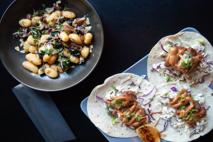 Wild mushroom gnocchi and pork belly tacos