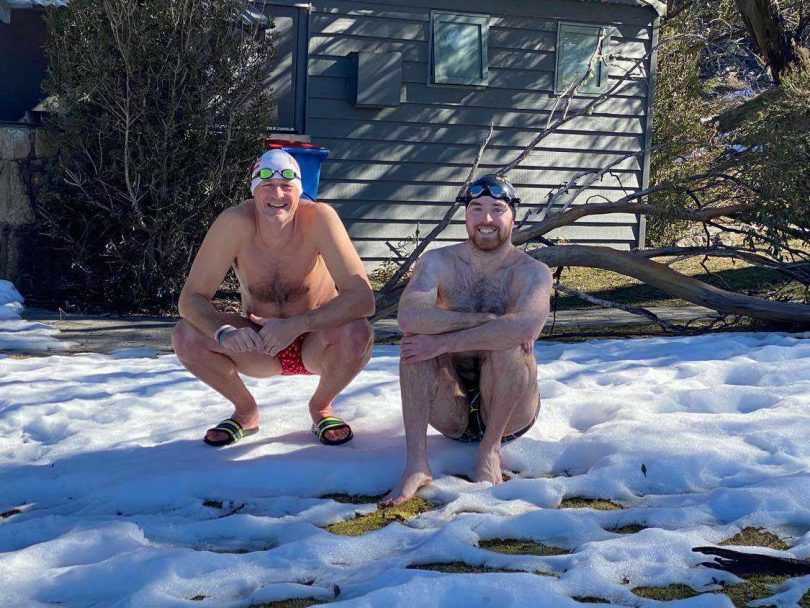 Michael Prankl and Joseph Pascall before their icy swim at Thredbo. 