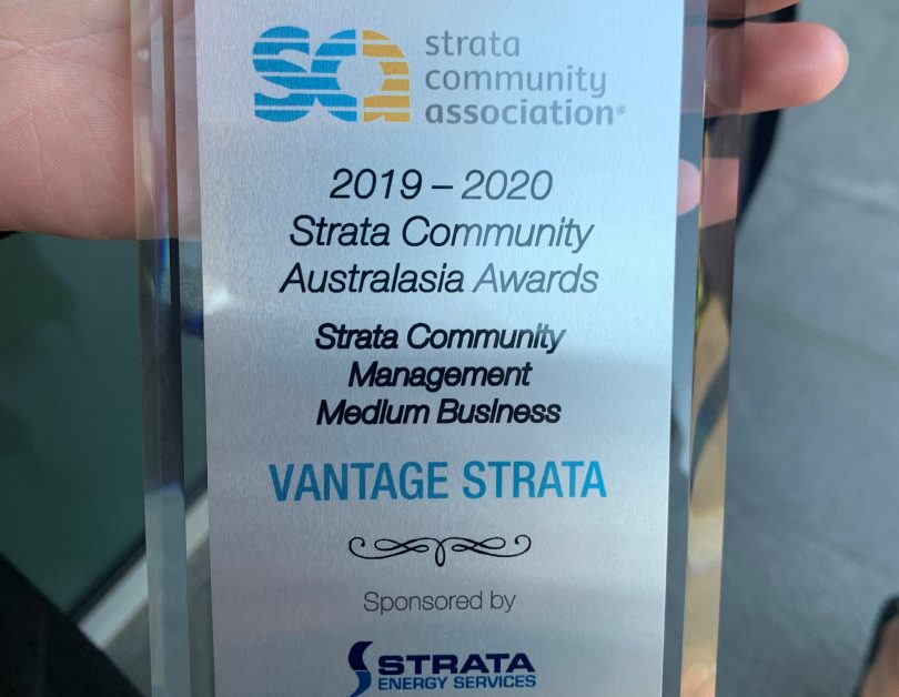 Vantage Strata's trophy it won for the Strata Community Australasian Awards for Strata Community Management Medium Business.