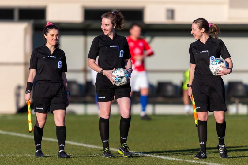 Referee Georgia Ghirardello and assistant referees Lauren Hargrave and Delfina Dimoski