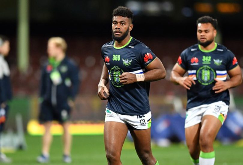 Canberra Raiders player Semi Valemei warming up before game.