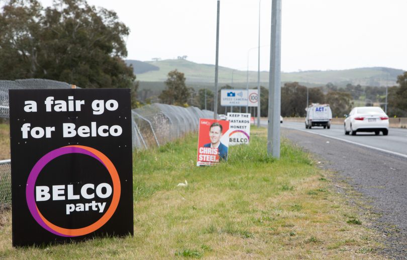 Election corflutes on the Tuggeranong Parkway.