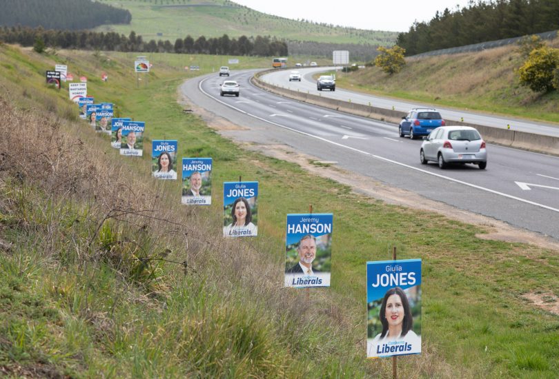 ACT election corflute signs by side of road.