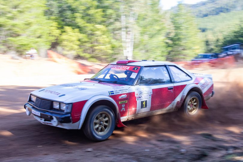 Neal Bates and co-driver Anthony Caldwell driving in the Blue Range Rallysprint.