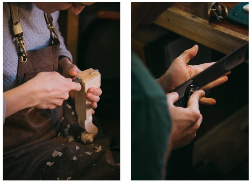 Miranda carves the ornate scroll head